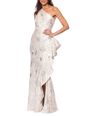 Xscape One Shoulder Cascading Side Ruffle Jacquard Sheath Gown